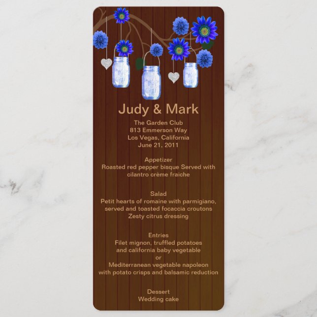 Country Rustic Blue Mason Jars Wedding Menu Card Menükarte (Vorderseite)