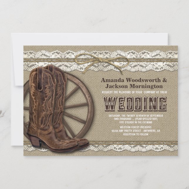 Country Rustic Burlap and Lace Wedding Einladungen (Vorderseite)