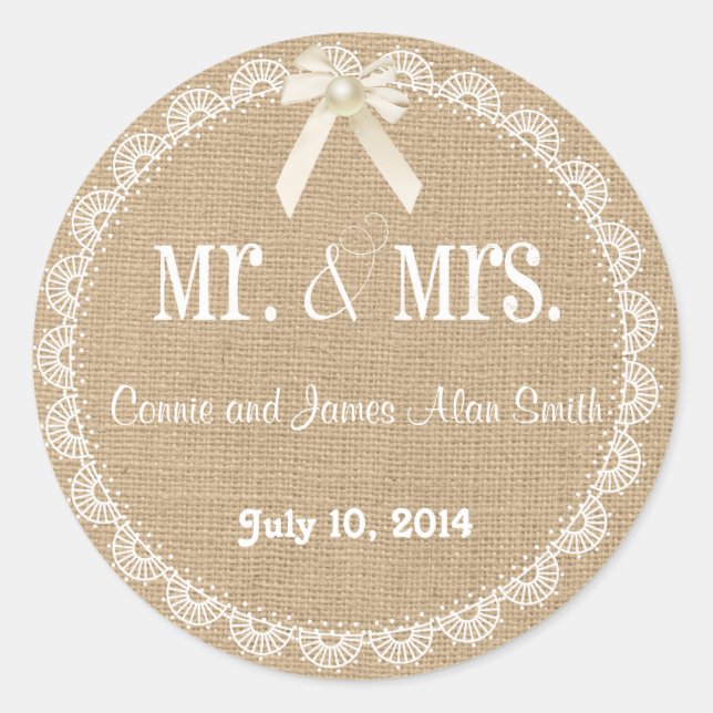 Country Rustic Burlap and Lace Wedding Sticker (Vorderseite)