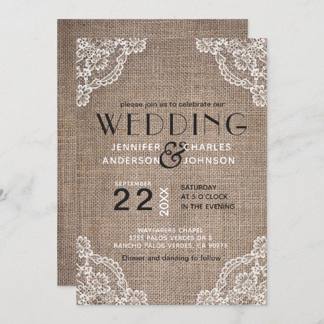 Country Rustic Burlap Fabric Lace Trim Wedding Einladung (Vorne/Hinten)
