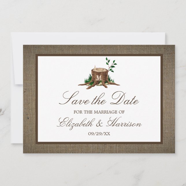 Country Rustic Burlap Monogram Tree Save the Date (Vorderseite)