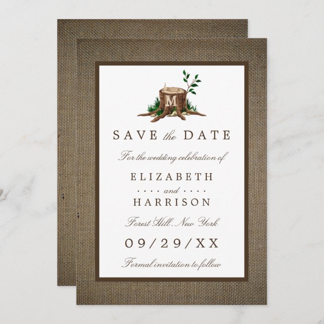 Country Rustic Burlap Monogram Tree Save the Date (Vorne/Hinten)