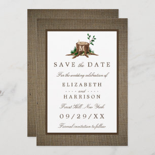 Country Rustic Burlap Monogram Tree Save the Date
