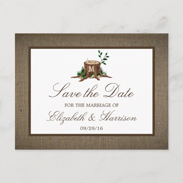 Country Rustic Burlap Monogram Tree Save the Date Ankündigungspostkarte (Vorderseite)