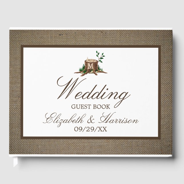 Country Rustic Burlap Monogram Tree Wedding Gästebuch (Vorderseite)