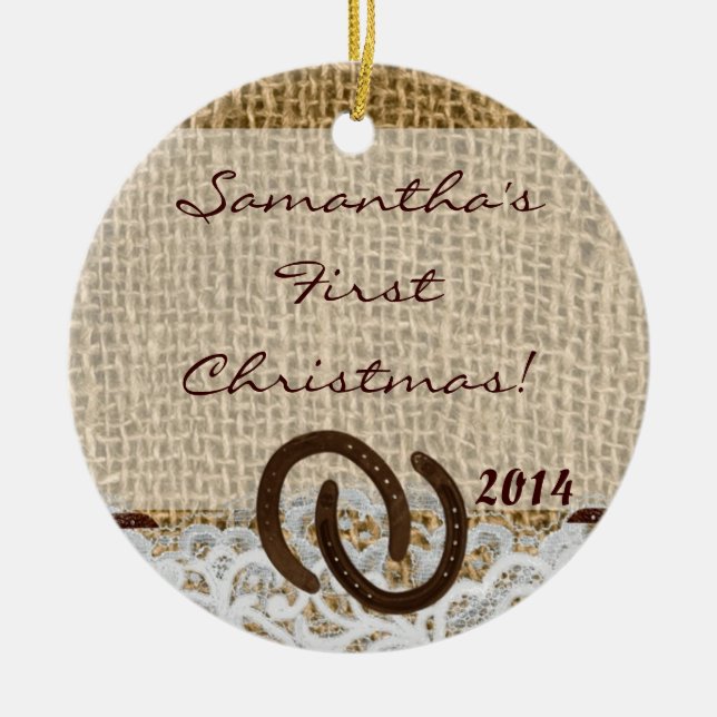 Country Rustic Burlap Personalisierter Name Orname Keramikornament (Vorne)