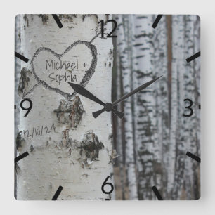 Country Rustic Carved Heart Birch Tree Quadratische Wanduhr