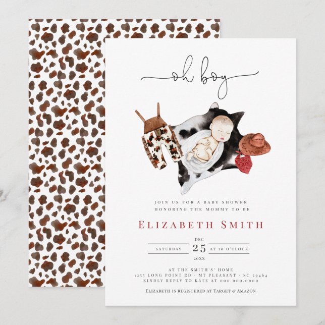 Country Rustic Cowboy Watercolor Boy Baby Dusche Einladung (Vorne/Hinten)