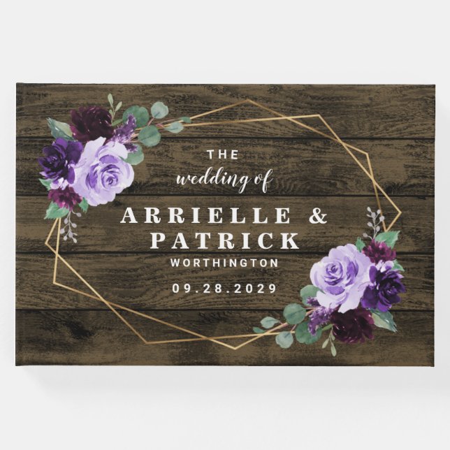 Country Rustic Floral Lila und Gold Hochzeit Gästebuch (Vorderseite)