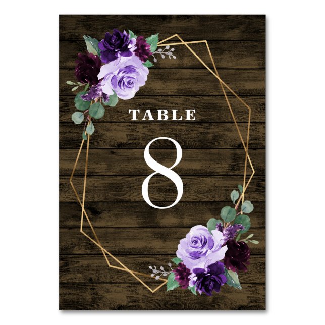 Country Rustic Floral Lila und Gold Wood Wedding Tischnummer (Vorderseite)