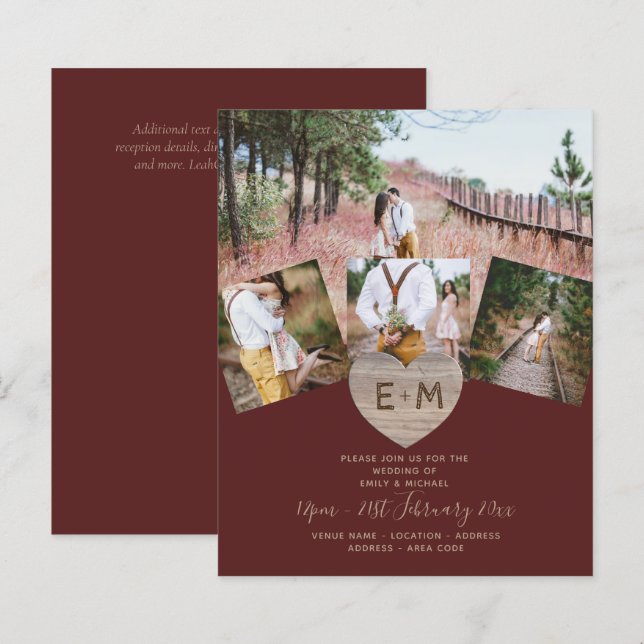 Country Rustic Foto Carved Heart Monogram Wedding (Vorne/Hinten)