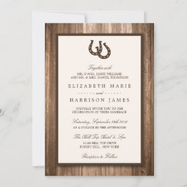 Country Rustic Horseshoe & Brown Wood Wedding Einladung