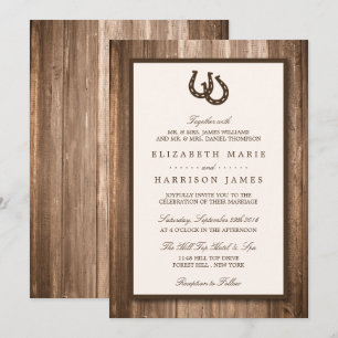 Country Rustic Horseshoe & Brown Wood Wedding Einladung
