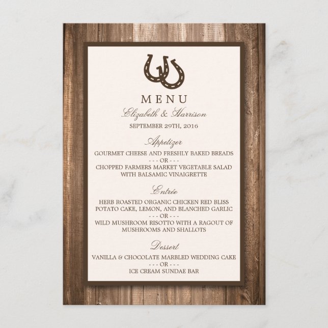 Country Rustic Horseshoe & Brown Wood Wedding Menu Menükarte (Vorderseite)