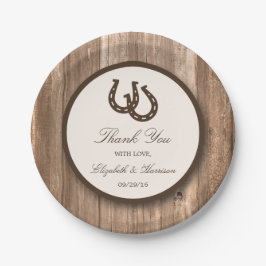 Country Rustic Horseshoe & Brown Wood Wedding Pappteller
