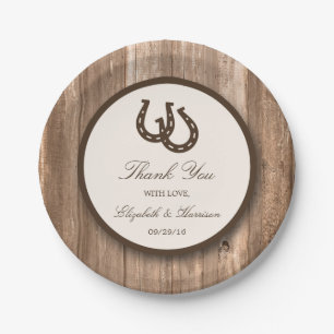 Country Rustic Horseshoe & Brown Wood Wedding Pappteller