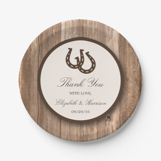 Country Rustic Horseshoe & Brown Wood Wedding Pappteller (Vorderseite)
