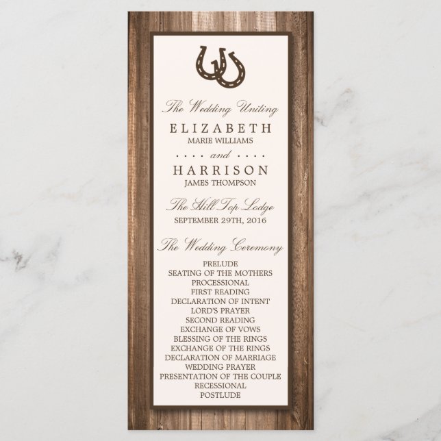Country Rustic Horseshoe & Brown Wood Wedding Programm (Vorderseite)