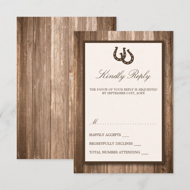 Country Rustic Horseshoe & Brown Wood Wedding RSVP Karte (Vorne/Hinten)