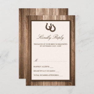 Country Rustic Horseshoe & Brown Wood Wedding RSVP Karte