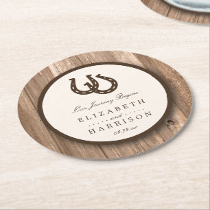 Country Rustic Horseshoe & Brown Wood Wedding Runder Pappuntersetzer