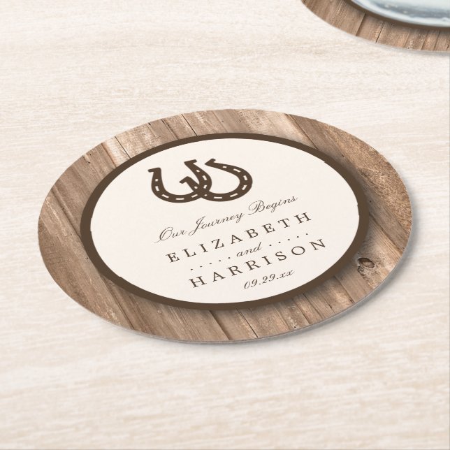 Country Rustic Horseshoe & Brown Wood Wedding Runder Pappuntersetzer (Angewinkelt)