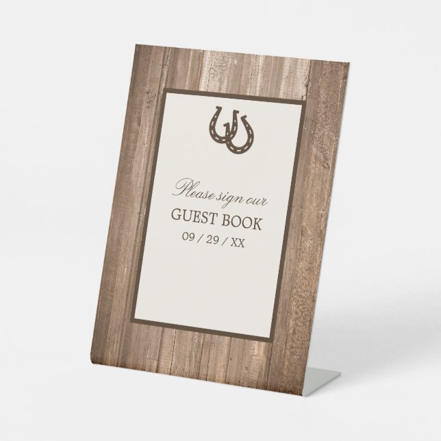 Country Rustic Horseshoe & Brown Wood Wedding Sockelschild (Vorderseite)