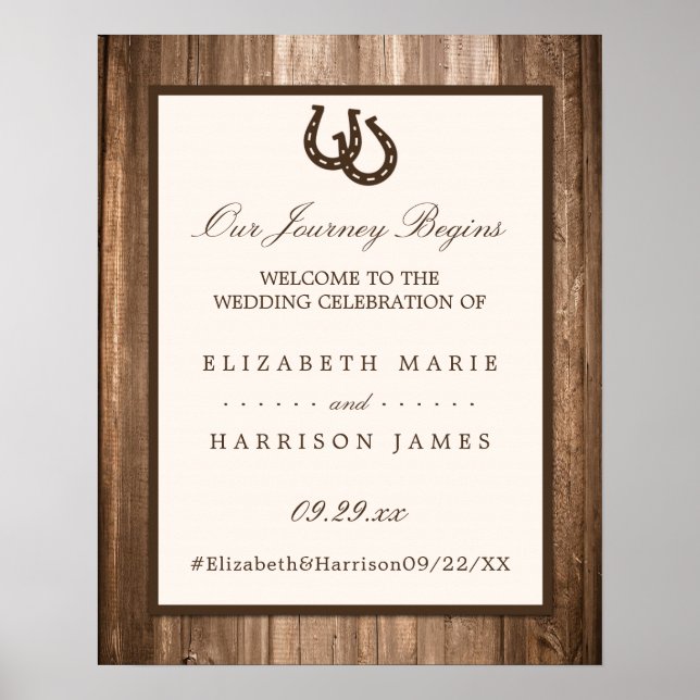 Country Rustic Horseshoe & Wood Wedding Willkommen Poster (Vorne)