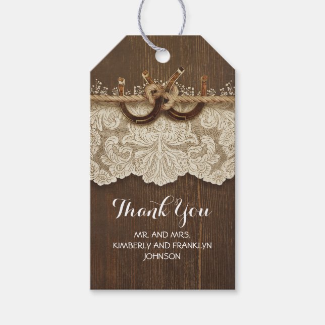 Country Rustic Horseshoes Lace Wood Wedding Geschenkanhänger (Vorderseite)