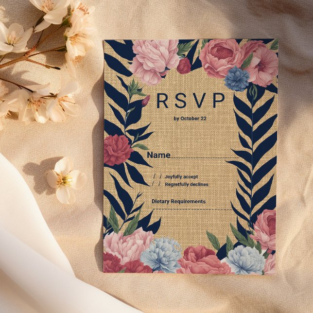 Country rustic ivory navy blue pink floral RSVP Einladung (Country rustic ivory navy blue pink floral RSVP)