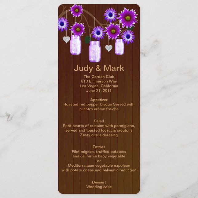 Country Rustic Lila Mason Jars Wedding Menu Card Menükarte (Vorderseite)