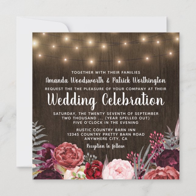 Country Rustic Marsala Peony Hochzeit Einladungen (Vorderseite)