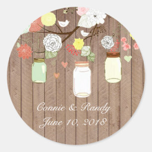 Country Rustic Mason Jar auf Holz Hochzeitsticker Runder Aufkleber