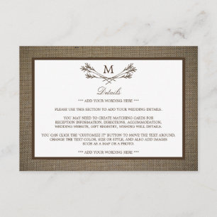 Country Rustic Monogram Branch & Burlap Wedding Begleitkarte