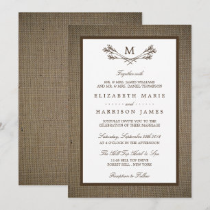 Country Rustic Monogram Branch & Burlap Wedding Einladung