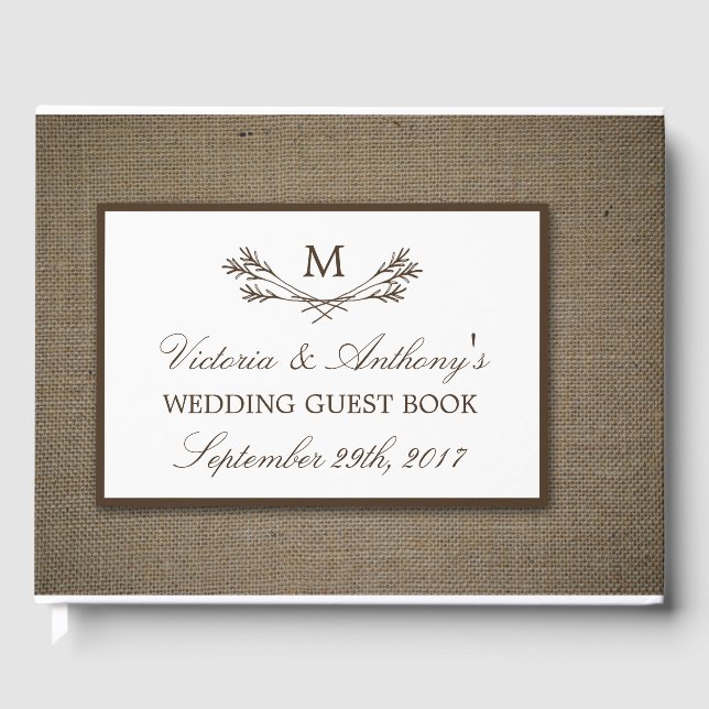 Country Rustic Monogram Branch & Burlap Wedding Gästebuch (Vorderseite)