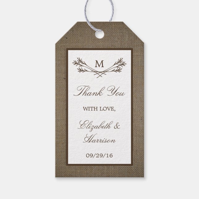 Country Rustic Monogram Branch & Burlap Wedding Geschenkanhänger (Vorderseite)