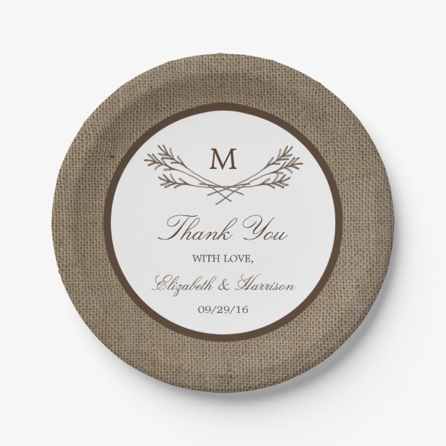 Country Rustic Monogram Branch & Burlap Wedding Pappteller (Vorderseite)
