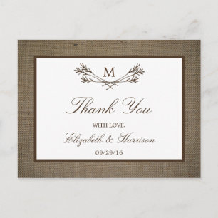 Country Rustic Monogram Branch & Burlap Wedding Postkarte