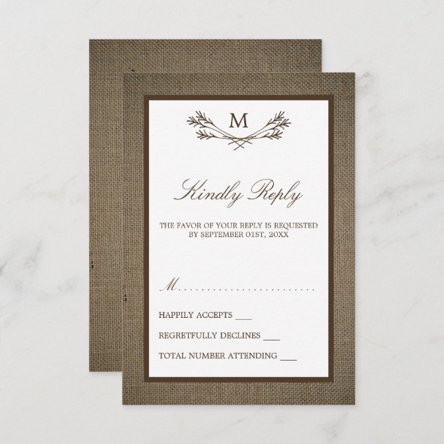 Country Rustic Monogram Branch & Burlap Wedding RSVP Karte (Vorne/Hinten)