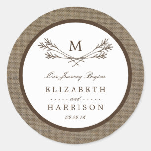 Country Rustic Monogram Branch & Burlap Wedding Runder Aufkleber