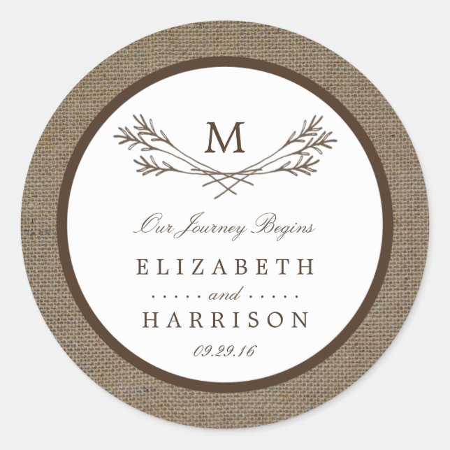 Country Rustic Monogram Branch & Burlap Wedding Runder Aufkleber (Vorderseite)