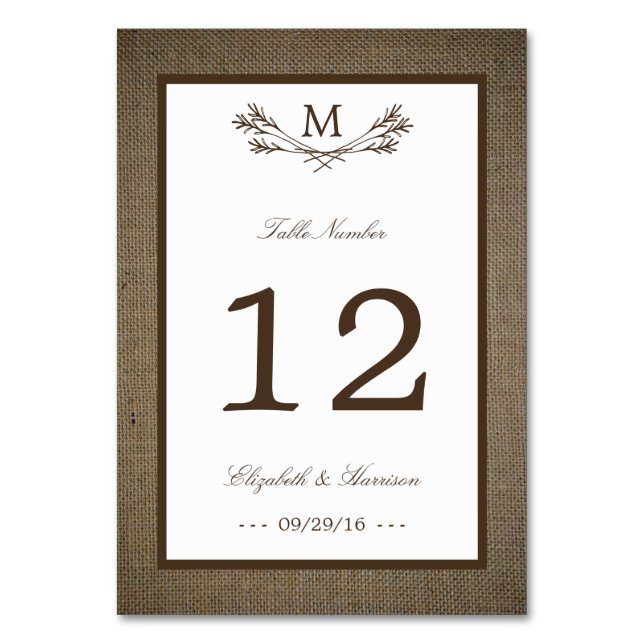 Country Rustic Monogram Branch & Burlap Wedding Tischnummer (Vorderseite)