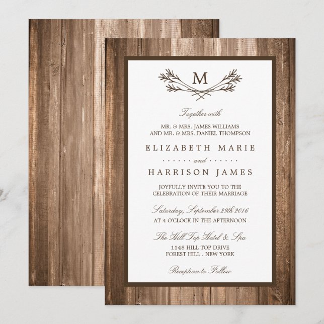 Country Rustic Monogram Branch & Wood Wedding Einladung (Vorne/Hinten)