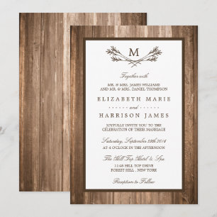 Country Rustic Monogram Branch & Wood Wedding Einladung