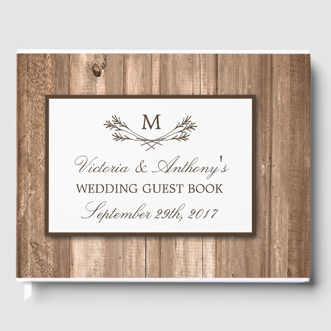 Country Rustic Monogram Branch & Wood Wedding Gästebuch (Vorderseite)
