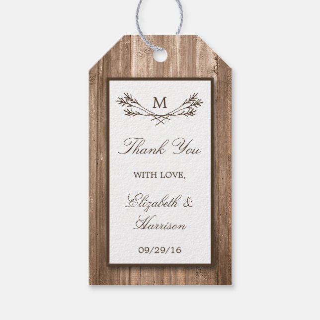 Country Rustic Monogram Branch & Wood Wedding Geschenkanhänger (Vorderseite)