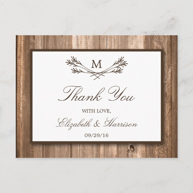 Country Rustic Monogram Branch & Wood Wedding Postkarte (Vorderseite)