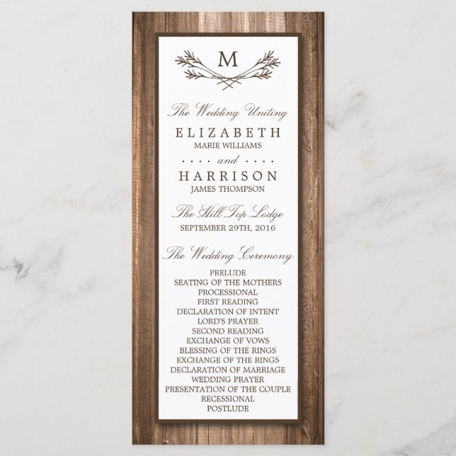 Country Rustic Monogram Branch & Wood Wedding Programm (Vorderseite)