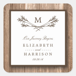 Country Rustic Monogram Branch & Wood Wedding Quadratischer Aufkleber